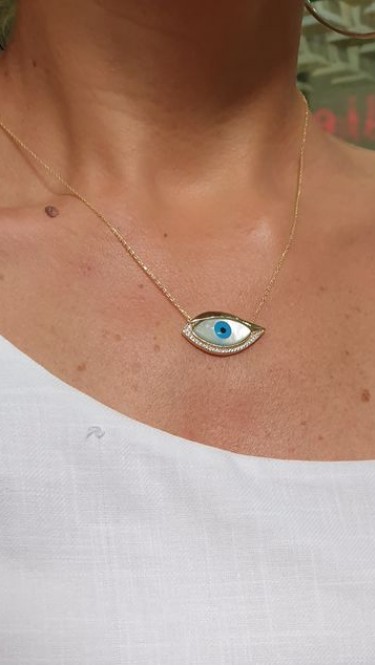 Ay Gümüş Kadın Göz Modeli Nazar Boncuklu Zirkon Taşlı Kolye 925 Ayar Gümüş