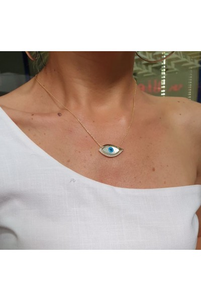 Ay Gümüş Kadın Göz Modeli Nazar Boncuklu Zirkon Taşlı Kolye 925 Ayar Gümüş