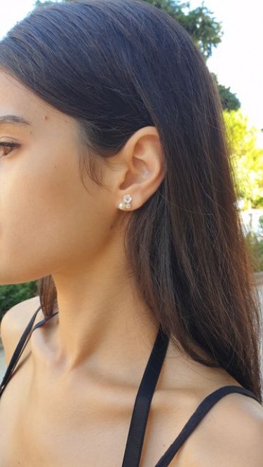 Ay Gümüş Kadın Mini Manolya Çiçeği İnci Zirkon Sedefli Küpe 925 Ayar Gümüş