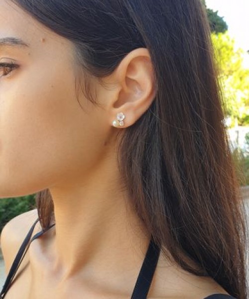 Ay Gümüş Kadın Mini Manolya Çiçeği İnci Zirkon Sedefli Küpe 925 Ayar Gümüş