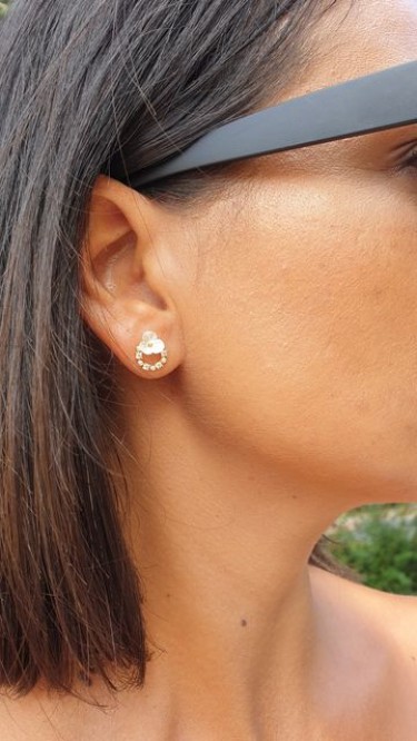 Ay Gümüş Kadın Mini İncili Zirkon Çiçek Modeli Sedefli Küpe 925 Ayar Gümüş