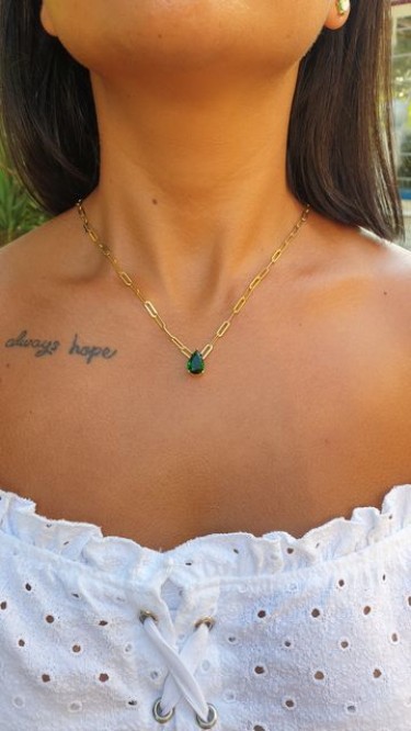 Ay Gümüş Kadın Kalın Örme Zincirli Damla Zirkon Taşı Zümrüt Yeşili Kolye 925 Ayar Gümüş