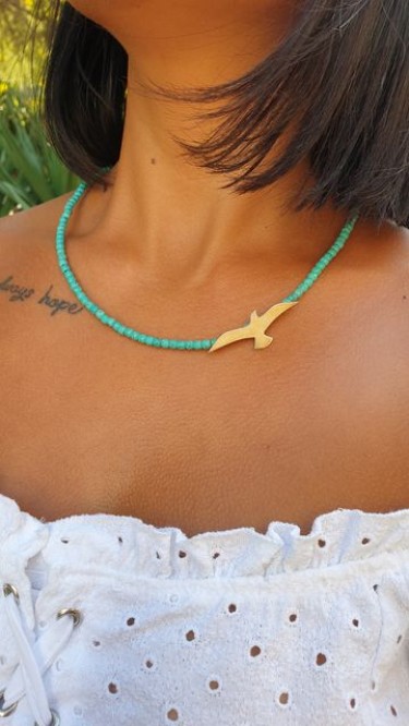 Ay Gümüş Kadın Tasarım Firuze Taşı Martı Kolye 925 Ayar Gümüş