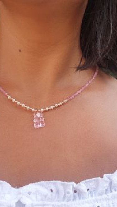 Ay Gümüş Kadın Tasarım Pembe kuvars İncili Jelibon Kolye 925 Ayar Gümüş