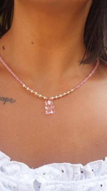 Ay Gümüş Kadın Tasarım Pembe kuvars İncili Jelibon Kolye 925 Ayar Gümüş