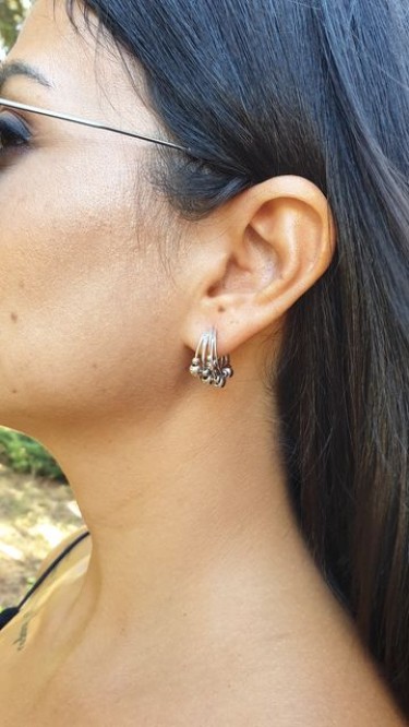 Ay Gümüş Kadın İtalyan  Top Aparatlı Beş Sıralı Küpe 925 Ayar Gümüş