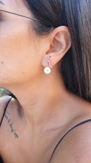 Ay Gümüş Papatya Zirkon Küpe 925 Ayar Gümüş