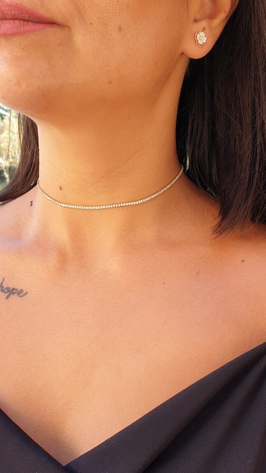 Ay Gümüş Kadın Beyaz Taşlı 36 Cm Choker Su Yolu Kolye 925 Ayar Gümüş