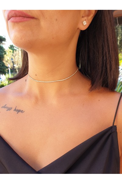 Ay Gümüş Kadın Beyaz Taşlı 36 Cm Choker Su Yolu Kolye 925 Ayar Gümüş