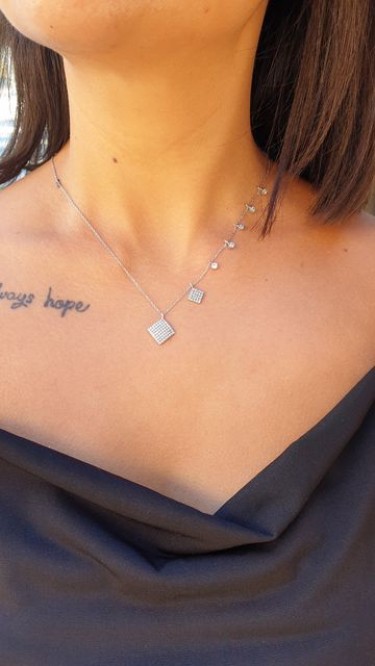 Ay Gümüş Kadın İkili  Kareli Sallantılı Zirkon Taşlı Kolye 925 Ayar Gümüş