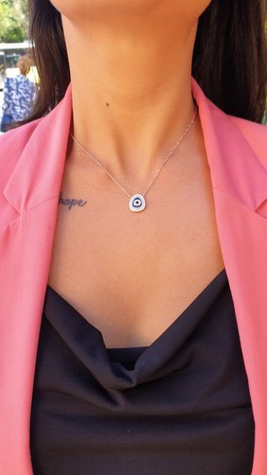 Ay Gümüş Kadın Dalgalı Zirkon Boncuklu Nazar Kolye 925 Ayar Gümüş