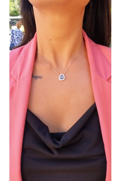 Ay Gümüş Kadın Dalgalı Zirkon Boncuklu Nazar Kolye 925 Ayar Gümüş