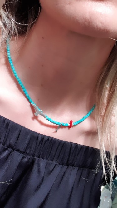 Ay Gümüş Kadın Firuze  Mercan Tasarım Martı Balık Kolye 925 Ayar Gümüş