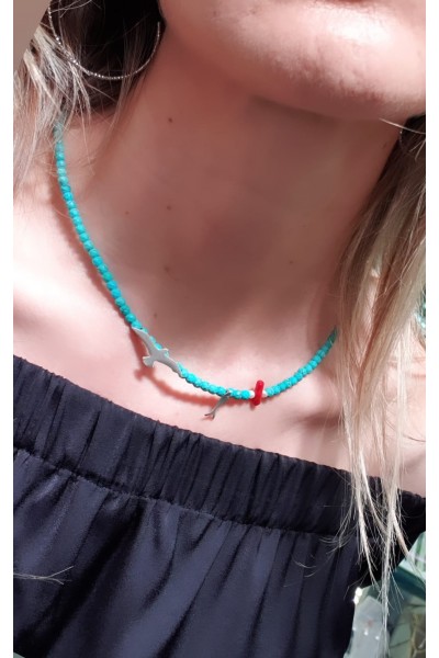 Ay Gümüş Kadın Firuze  Mercan Tasarım Martı Balık Kolye 925 Ayar Gümüş