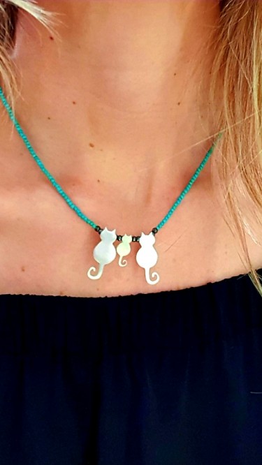 Ay Gümüş Kadın Tasarım Firuze Kedi Ailesi  Figürlü Kolye 925 Ayar Gümüş