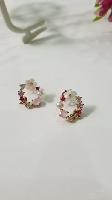 Ay Gümüş Kadın Manolya Çiçek Bahçesi İnci Zirkon Küpe 925 Ayar Gümüş