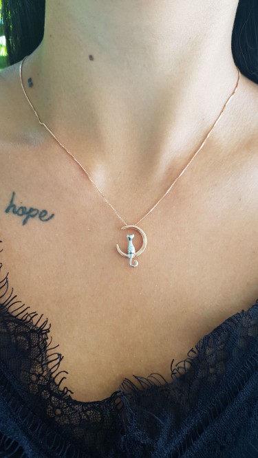 Ay Gümüş Kadın Kedi Ay Gümüş Kolye 925 Ayar Gümüş