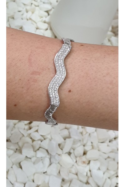 Ay Gümüş Kadın  İtalyan Zirkon Zikzaklı Bileklik 925 Ayar Gümüş