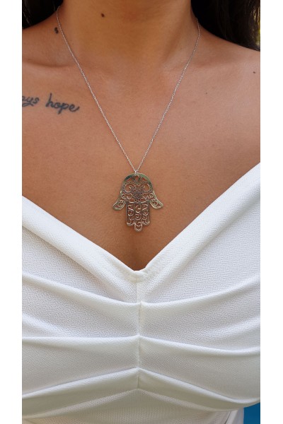 Ay Gümüş Kadın Fatma Ananın Eli Kolye 925 Ayar Gümüş