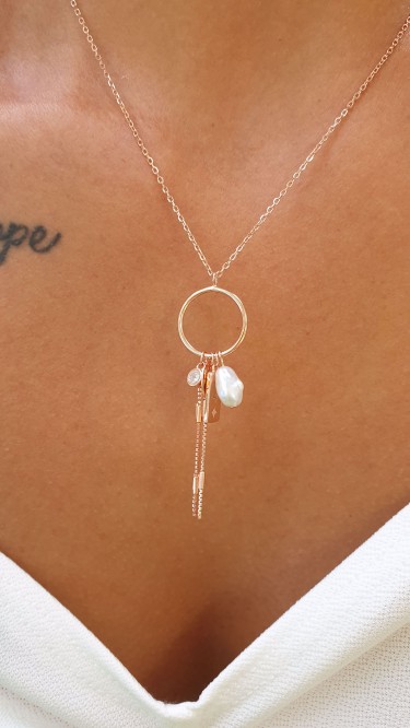 Ay Gümüş Roze Barok İnci İtalyan Kolye 925 Ayar Gümüş