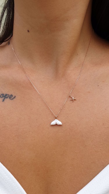 Ay Gümüş Kadın Mine Yunus Kuyruğu Yıldızlı Kolye 925 Ayar Gümüş