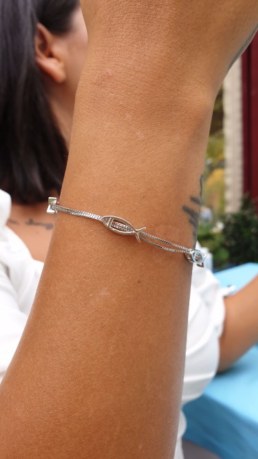 Ay Gümüş İtalyan Özel Tasarım Çift Zincir Balık Bileklik 925 Ayar Gümüş