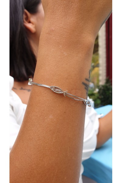 Ay Gümüş İtalyan Özel Tasarım Çift Zincir Balık Bileklik 925 Ayar Gümüş