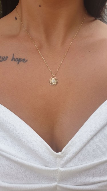 Ay Gümüş Kadın Zirkon Gold Güneş Kolye 925 Ayar Gümüş