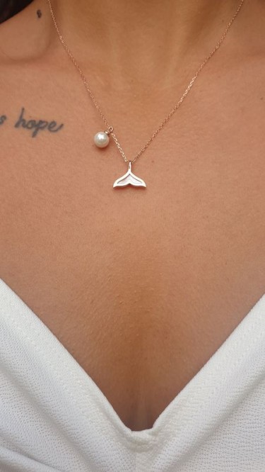 Ay Gümüş Kadın Sedefli İnci Yunus Kuyruğu İtalyan Kolye 925 Ayar Gümüş