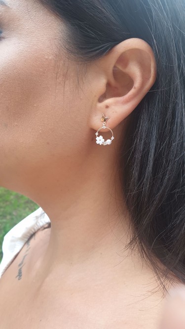 Ay Gümüş Manolya Çiçeği Sedefli  İnci Küpe 925 Ayar gümüş