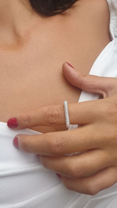 Ay Gümüş Kadın İtalyan Kare Zirkon  Eklem Yüzük 925 Ayar Gümüş