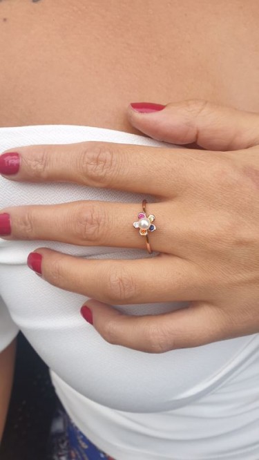 Ay Gümüş Çiçek İnci Zirkon Yüzük 925 Ayar Gümüş