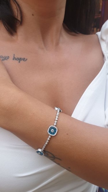  Ay Gümüş Kadın İtalyan Zirkon Su Yolu  Nazar Bileklik 925 Ayar Gümüş