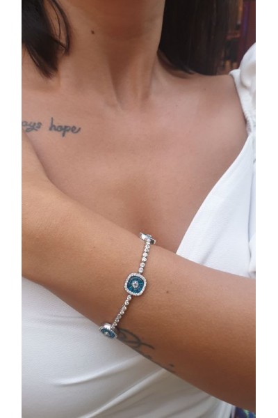  Ay Gümüş Kadın İtalyan Zirkon Su Yolu  Nazar Bileklik 925 Ayar Gümüş