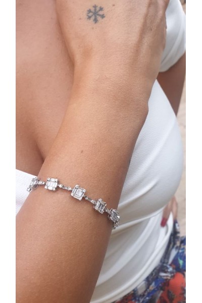 Ay Gümüş Kadın Baget Zirkon Elmas Taşlı İtalyan Bileklik 925 Ayar Gümüş