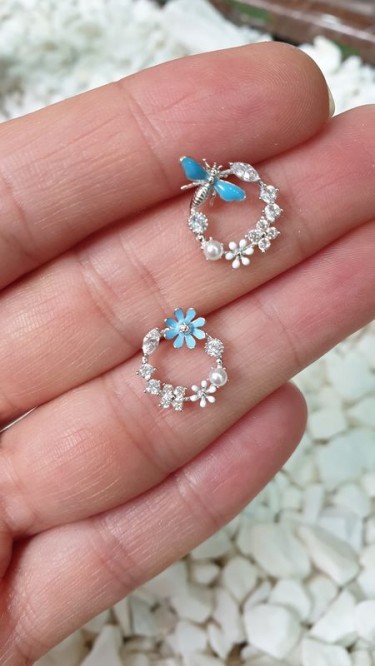 Ay Gümüş Mavi Kelebek Zirkon Sedefli Küpe 925 Ayar Gümüş