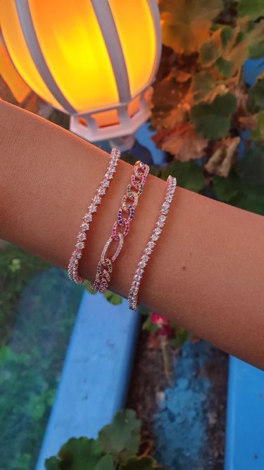 Ay Gümüş Kadın İtalyan Örme Renkli Bileklik 925 Ayar Gümüş