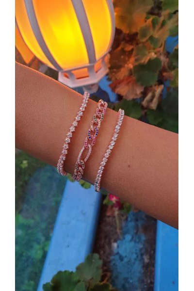 Ay Gümüş Kadın İtalyan Örme Renkli Bileklik 925 Ayar Gümüş