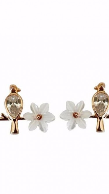 Ay Gümüş Kadın Kuş Figürlü Zirkon Sedefli Manolya Çiçeği Küpe 925 Ayar Gümüş