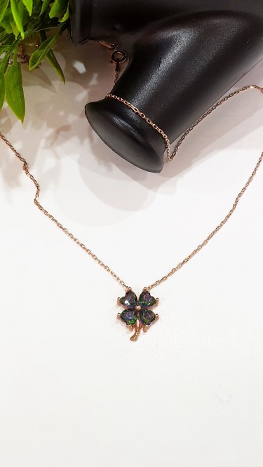 Ay Gümüş Kadın Mistik Topaz Taşı Dört Yapraklı Yonca Kolye 925 Ayar Gümüş