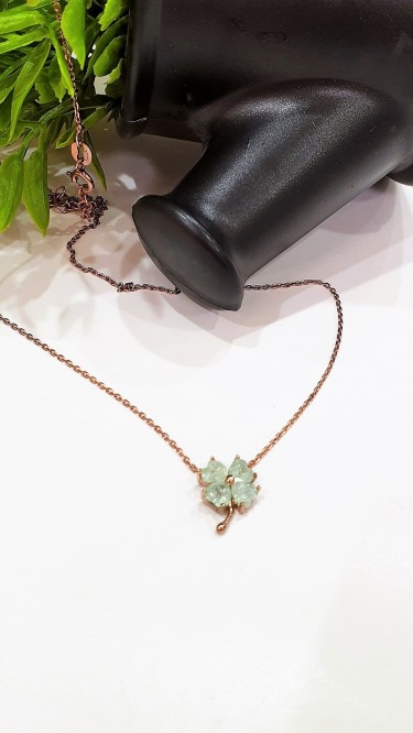 Ay Gümüş Kadın Yeşil Kuvars Dört Yapraklı Yonca Kolye 925 Ayar Gümüş