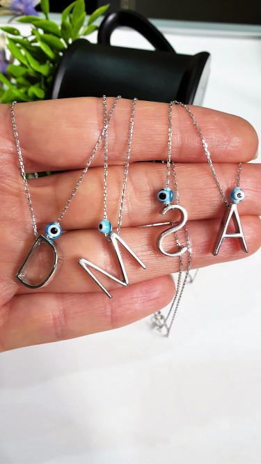 Ay Gümüş Kadın Nazar Boncuklu Baş Harfli Kolye 925 Ayar Gümüş