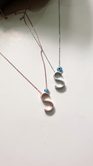 Ay Gümüş Kadın Nazar Boncuklu Baş Harfli Kolye 925 Ayar Gümüş