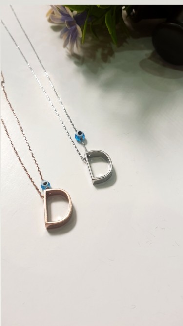 Ay Gümüş Kadın Nazar Boncuklu Baş Harfli Kolye 925 Ayar Gümüş