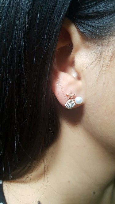 Ay Gümüş Kadın Zirkon Taşlı Deniz Yıldızı Deniz Kabuğu İnci  Küpe 925 Ayar Gümüş