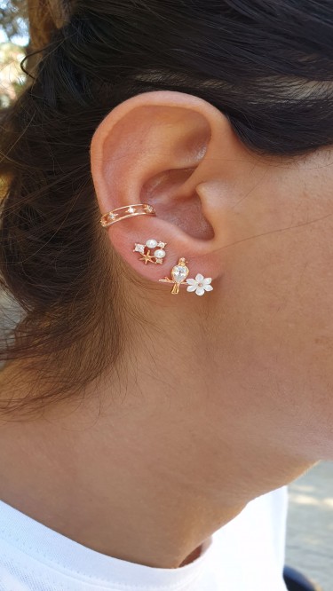 Ay Gümüş Kadın Kuş Figürlü Zirkon Sedefli Manolya Çiçeği Küpe 925 Ayar Gümüş