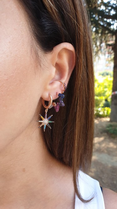 Ay Gümüş Kadın Kuzey Yıldızı Renkli Zirkon Küpe 925 Ayar Gümüş