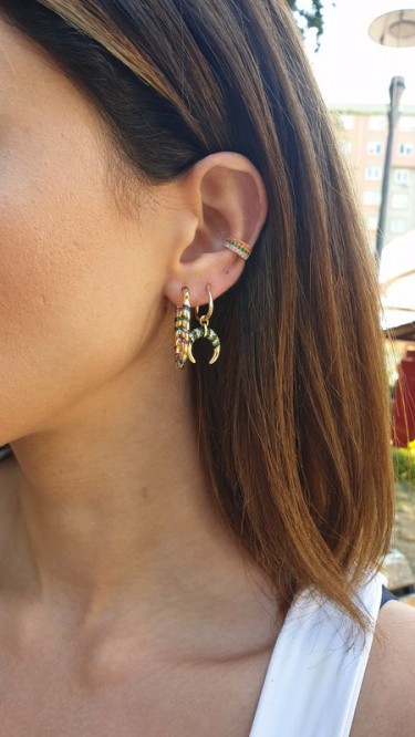 Ay Gümüş Kadın  Desenli Renkli Oval Halka Küpe 925 Ayar Gümüş