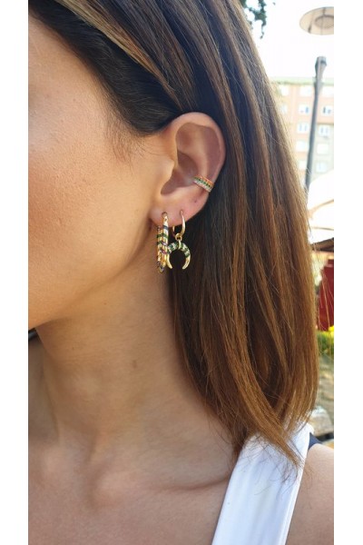 Ay Gümüş Kadın  Desenli Renkli Oval Halka Küpe 925 Ayar Gümüş