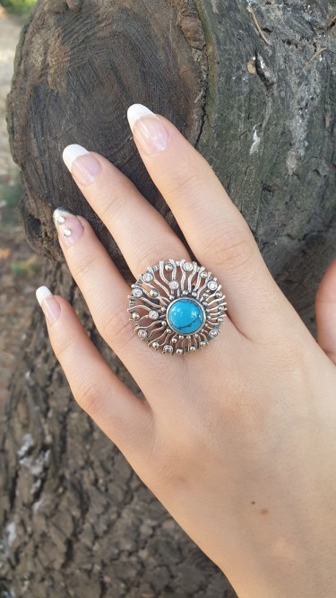 Ay Gümüş Kadın Firuze Özel  Tasarım Yüzük  925 Ayar Gümüş